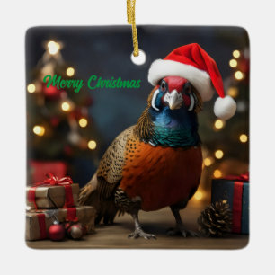Pheasant wearing santa hat ceramic ornament
