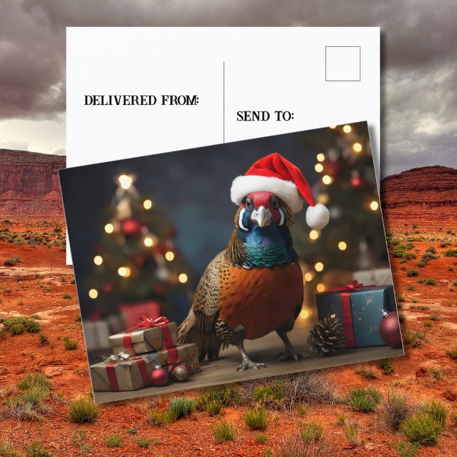 Pheasant wearing santa hat postcard (Creator Uploaded)