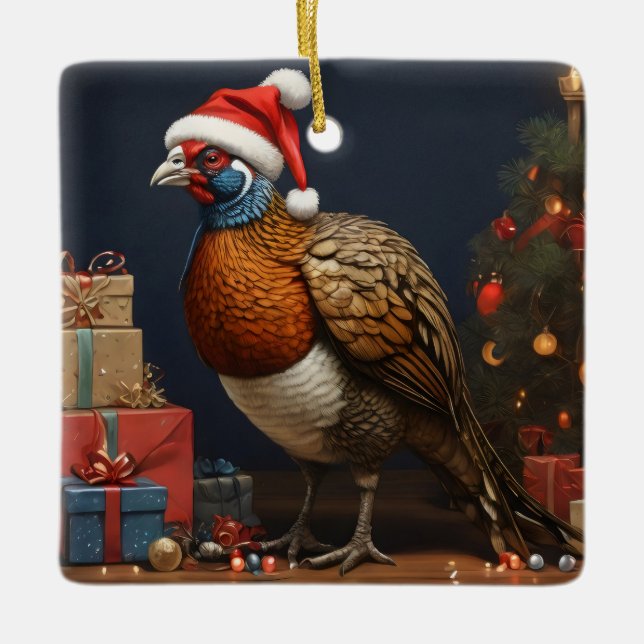 pheasant with christmas tree and presents ceramic ornament (Front)