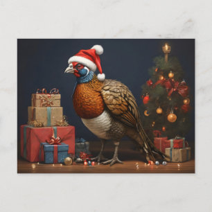 pheasant with christmas tree and presents postcard