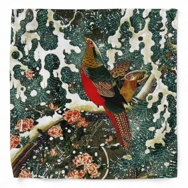 Pheasants in Snow, Pine Tree,Roses,Japanese Floral Bandana (Front)
