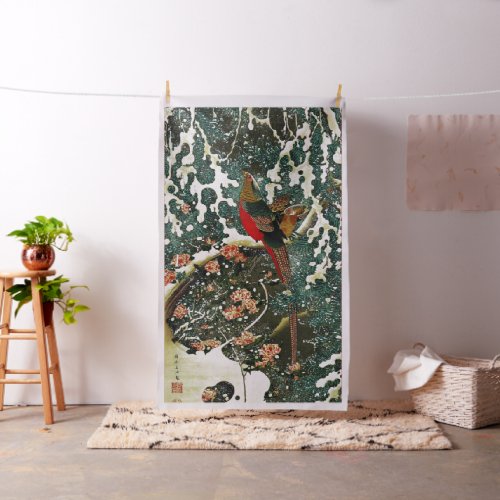 Pheasants in Snow Pine TreeRosesJapanese Floral Fabric