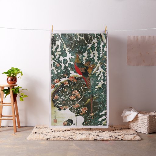 Pheasants in Snow, Pine Tree,Roses,Japanese Floral Fabric