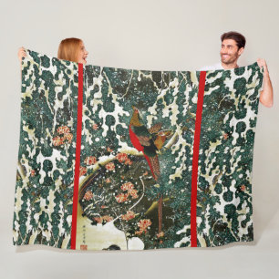 Pheasants in Snow, Pine Tree,Roses,Japanese Floral Fleece Blanket