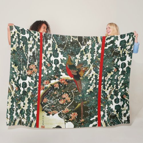 Pheasants in Snow Pine TreeRosesJapanese Floral Fleece Blanket