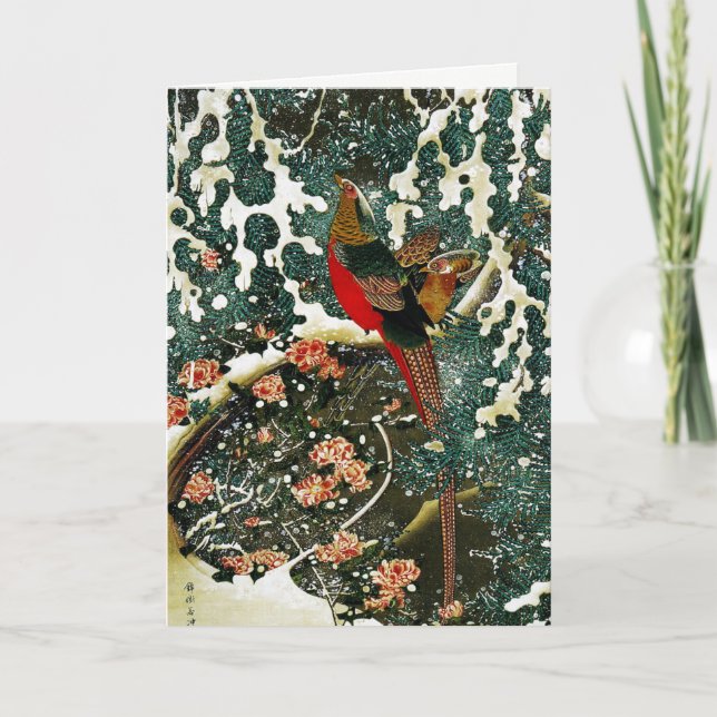 Pheasants in Snow, Pine Tree,Roses,Japanese Floral Holiday Card (Front)