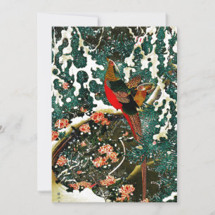 Pheasants in Snow, Pine Tree,Roses,Japanese Floral Invitation