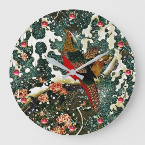 Pheasants in Snow Pine TreeRosesJapanese Floral Large Clock