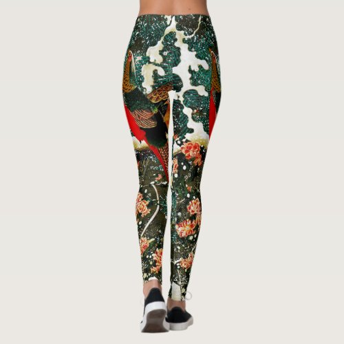 Pheasants in Snow Pine TreeRosesJapanese Floral Leggings