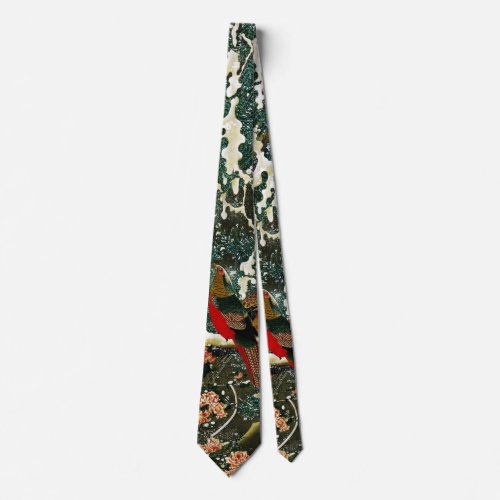 Pheasants in Snow Pine TreeRosesJapanese Floral Neck Tie