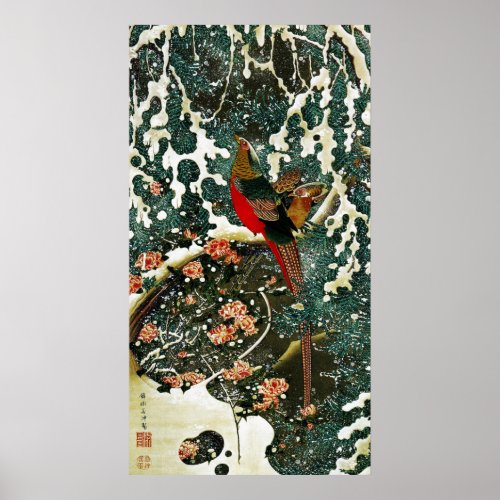 Pheasants in Snow Pine TreeRosesJapanese Floral Poster