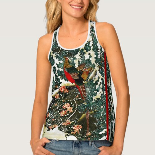 Pheasants in Snow Pine TreeRosesJapanese Floral Tank Top