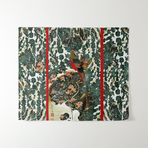 Pheasants in Snow Pine TreeRosesJapanese Floral Tapestry