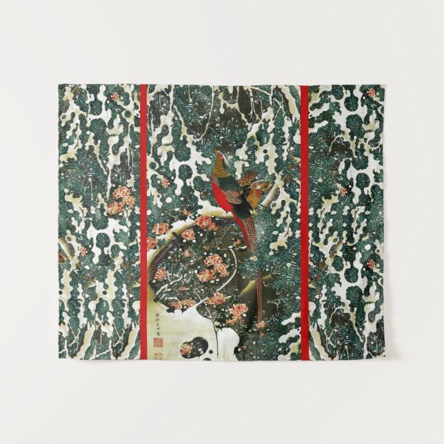 Pheasants in Snow, Pine Tree,Roses,Japanese Floral Tapestry (Front (Horizontal))