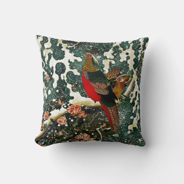 Pheasants in Snow, Pine Tree,Roses,Japanese Floral Throw Pillow (Front)