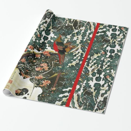 Pheasants in Snow Pine TreeRosesJapanese Floral Wrapping Paper