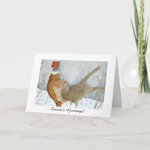 Pheasants in the snow Seasons Greetings Holiday Card