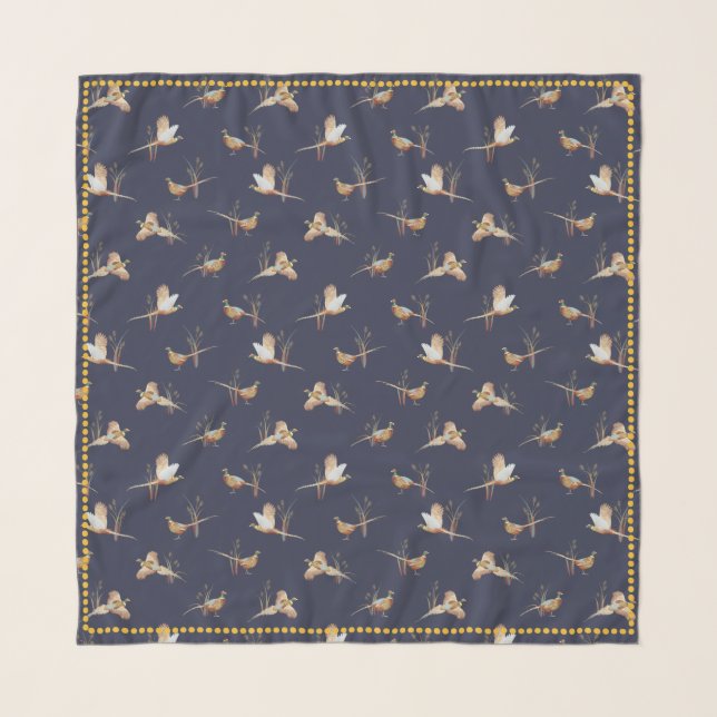 Pheasants in Wheat with Mustard Dot Trim Scarf (Front)
