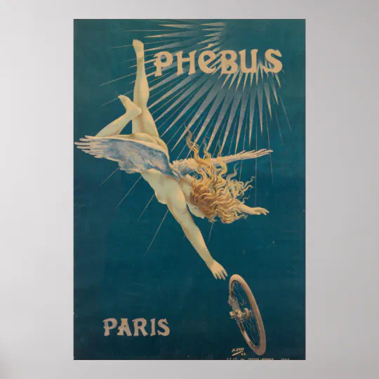 Woman With Wings Phebus Bicycle Wheel French Vintage Poster Repro 20 X 30