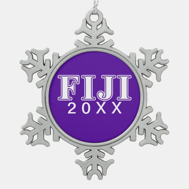 Phi Gamma Delta Whie and Purple Letters Snowflake Pewter Christmas Ornament (Front)