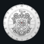 Phi Kappa Psi Fraternity Official Coat of Arms B&W Dart Board<br><div class="desc">This product proudly showcases the official Coat of Arms for Phi Kappa Psi Fraternity, rendered in striking black and white line art. The design centers on a detailed shield, featuring symbolic elements within its sections: two stars, an all-seeing eye with radiating lines, and a rectangular block. Above the shield, an...</div>