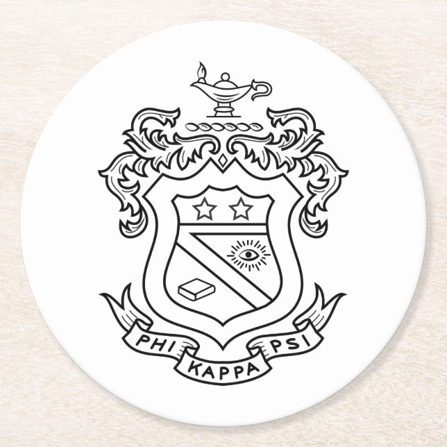 Phi Kappa Psi Fraternity Official Coat of Arms B&W Round Paper Coaster (Front)