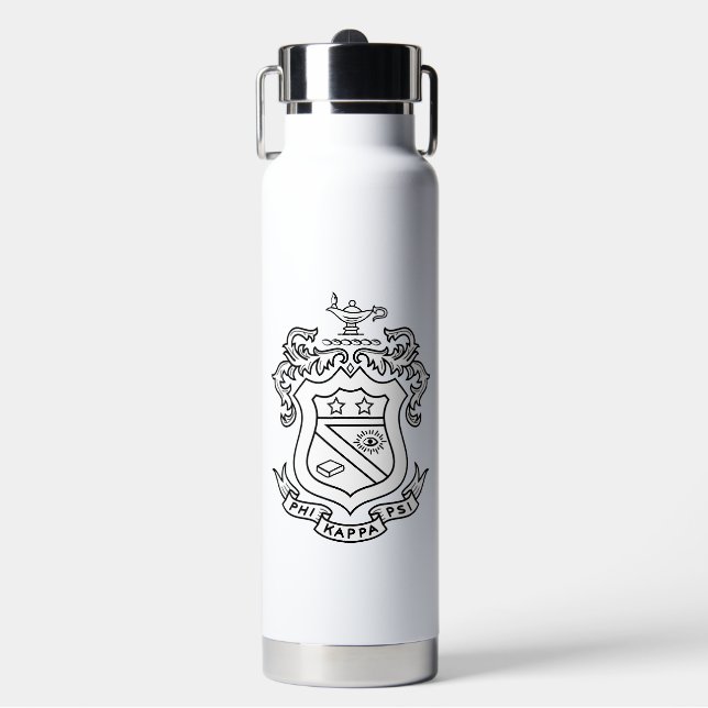 Phi Kappa Psi Fraternity Official Coat of Arms B&W Water Bottle (Front)
