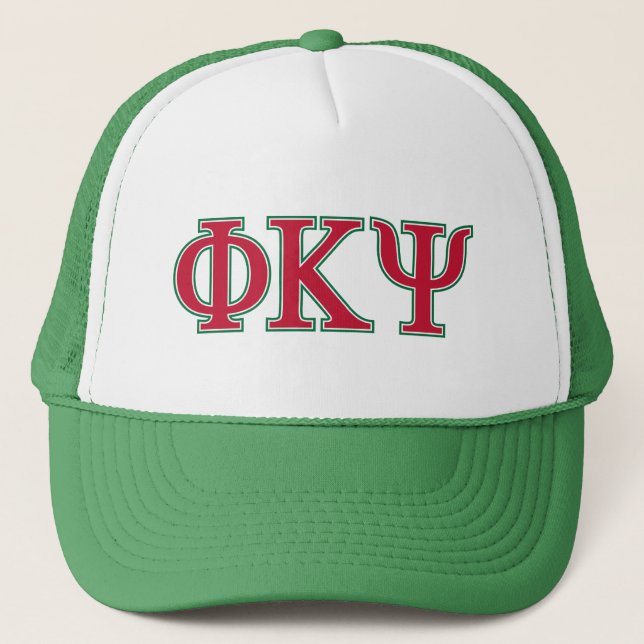 Phi Kappa Psi Greek Letters Red & Green Logo Trucker Hat (Front)