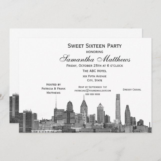 Philadelphia Black Etched Look Skyline Sweet 16 Invitation (Front/Back)