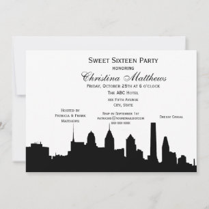Philadelphia Black Skyline Silhouette Sweet 16 Invitation