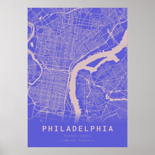 Philadelphia Blue City Map Poster
