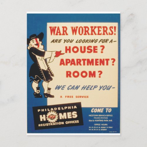 Philadelphia can Help War Workers Find Housing Postcard