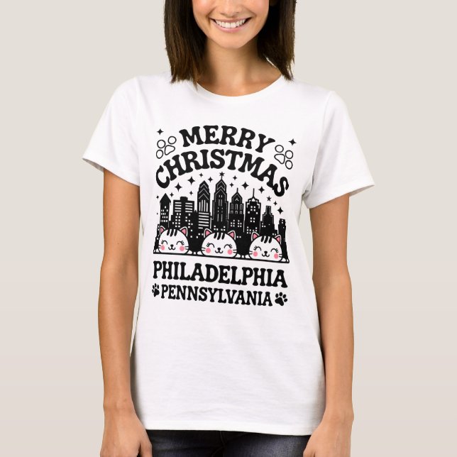 Philadelphia City Pennsylvania Merry Christmas Cat T-Shirt (Front)