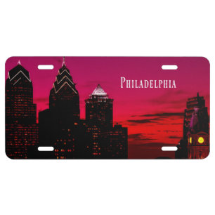 Philadelphia cityscape, night sky. license plate
