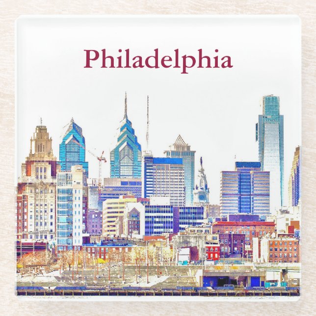 Philadelphia Color Sketch Glass Coaster (Front)