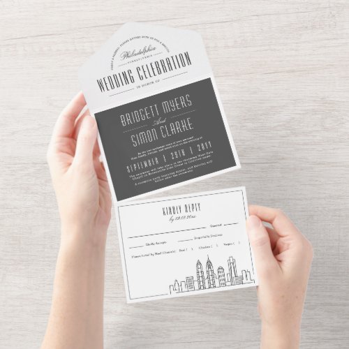 Philadelphia Deco Skyline  Grey_Style Wedding All In One Invitation