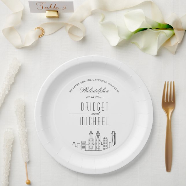 Philadelphia Deco Skyline | Wedding Event Paper Plates (Wedding)