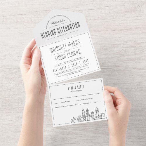 Philadelphia Deco Skyline  White_Style Wedding All In One Invitation