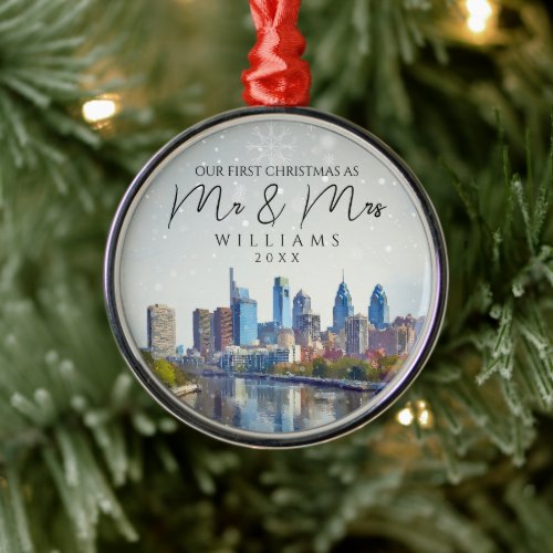 Philadelphia Elegant First Christmas As Mr & Mrs Metal Ornament