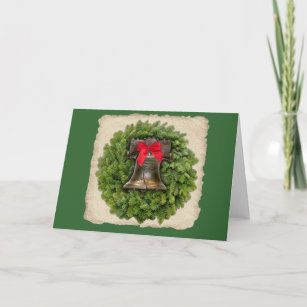 Philadelphia Liberty Bell Wreath on Parchment Holiday Card