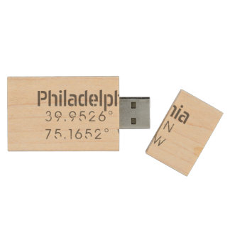 Philadelphia Longitude Latitude Wood Flash Drive