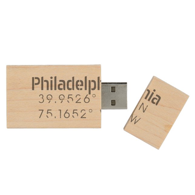 Philadelphia Longitude Latitude Wood Flash Drive (Opened)