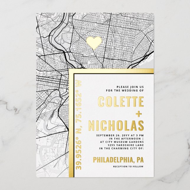 Philadelphia Love Locator | City Themed Wedding Foil Invitation (Front)