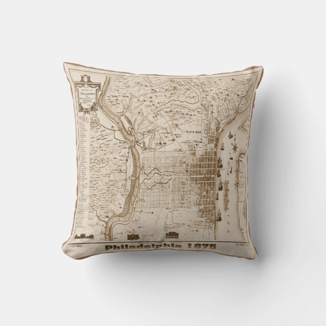Philadelphia Map 1875, Replica Throw Pillow (Front)