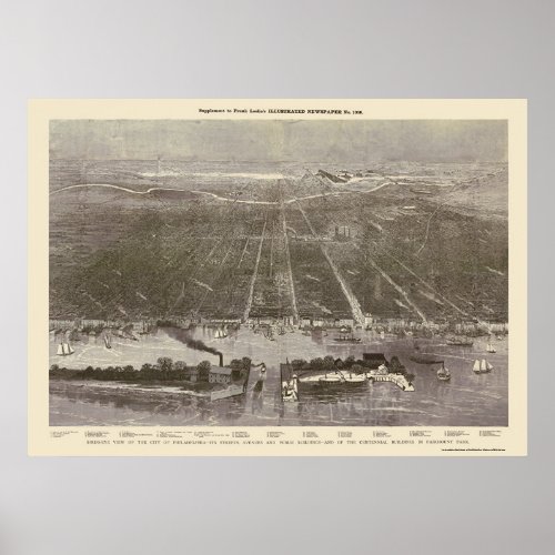 Philadelphia PA Panoramic Map _ 1876 Poster