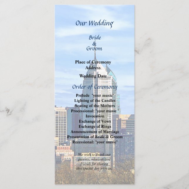 Philadelphia Pa Skyline II Wedding Program (Front)