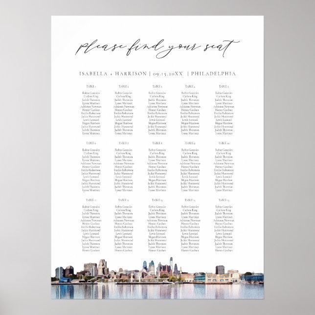 PHILADELPHIA Painted Skyline Wedding Seating Chart (Front)