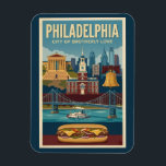 Philadelphia Pennsylvania Culture Illustration Art Magnet<br><div class="desc">Philadelphia retro vector travel design. Philadelphia is one of America’s most historic cities,  known for its Revolutionary-era landmarks,  rich cultural heritage,  and iconic foods. From Independence Hall to lively neighborhoods and museums,  it blends deep history with modern urban energy.</div>