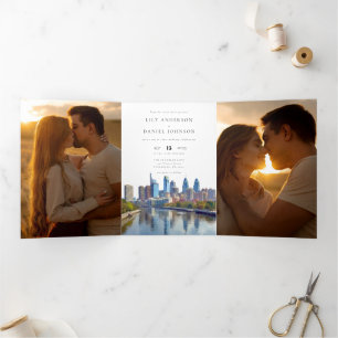 Philadelphia QR Code 3 Photo Wedding Tri-Fold Invitation