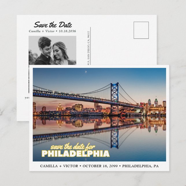 Philadelphia Save the Date Retro Skyline Postcard (Front/Back)